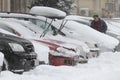 Cars under uncleaned snow during heavy snowfall in the city of Sofia, Bulgaria Ã¢â¬â feb 26,2018. Royalty Free Stock Photo